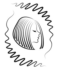 Silhouette of a head of a cute lady in a creative frame. A girl shows her hair on medium and short hair. Suitable for logo, advertising. Vector illustration