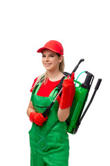 Female pest control contractor isolated on white 