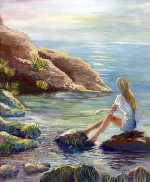 Drawing lonely girl looks into the distance of the sea and dreams