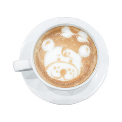 Top view. Hot coffee latte art on cup isolated white background. -
