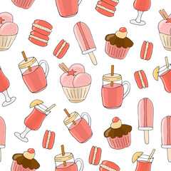 Vector seamless background. A set of drinks, pastries and sweets.  Design for fabrics, textiles, paper, wallpaper, web. Retro. Vintage style.