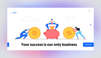 Money Saving Concept Banner with Business People Characters and Piggy Bank. Financial Savings Profit, Investment Salary with Businessman Coins in Moneybox Website Landing Page. Vector illustration