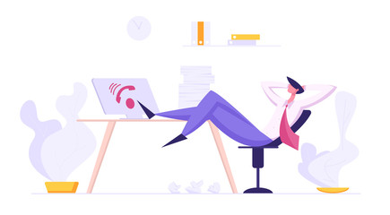 Online Technical Support 24/7 Service. Hotline Lazy Operator Character Relaxing at Workplace. Customer Service Call Center Concept. Male Assistant Takes a Break Working. Vector flat illustration