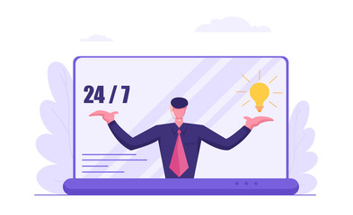 Online Technical Support 24/7 Service. Hotline Operator Character. Customer Service Call Center Concept. Male Assistant Advises Client. Vector flat cartoon illustration