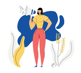 Woman with Megaphone Advertising Concept. Female Character Promoting with Loudspeaker. Social Media Advertisement Marketing Sale Campaign. Vector flat cartoon illustration