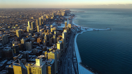 Fototapeta na wymiar View of Chicago from above, Winter Time at Sunset