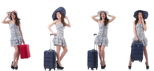 Woman with suitcase isolated on white