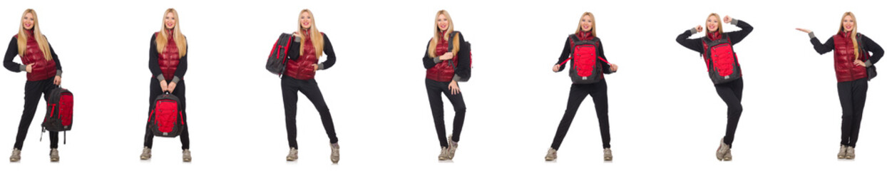 Fototapeta premium Young woman with backpack isolated on white 