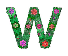 The letter W -  bright element of the colorful floral alphabet on a white background. Made from flowers, twigs and leaves. Floral spring ABC element in vector.