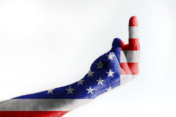 Mature American Flag Painted Male Hand Shows Sign