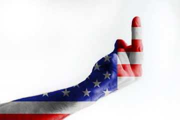 Mature American Flag Painted Male Hand Shows Sign
