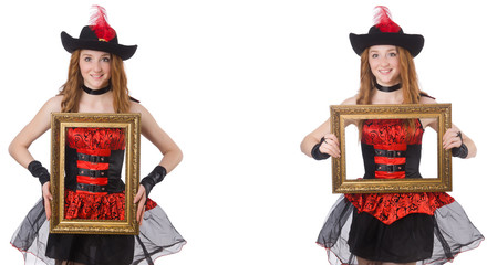 Woman pirate with picture frame isolated on white