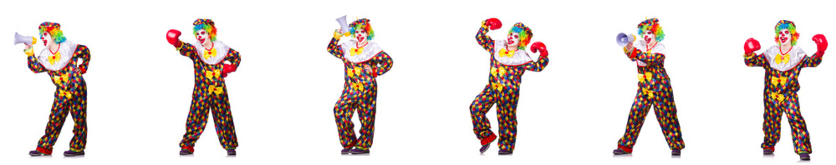 Funny male clown with boxing gloves and loudspeaker 