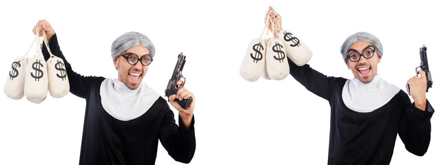 Man in nun dress with handgun and moneybags 