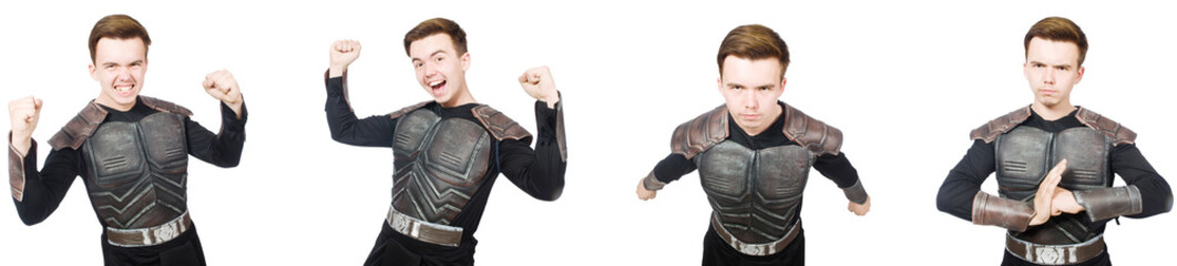 Young funny man in armour suit 