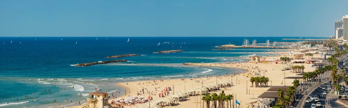Panoramic view of the Tel-Aviv beach on Mediterranean sea, Israel