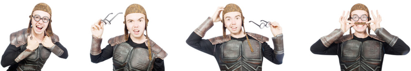 Young funny man in armour suit 