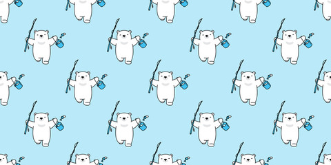 Bear seamless pattern polar bear vector fishing cartoon scarf isolated tile wallpaper repeat background illustration doodle blue