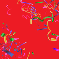 Fototapeta na wymiar Colorful colored confetti on a red background. 