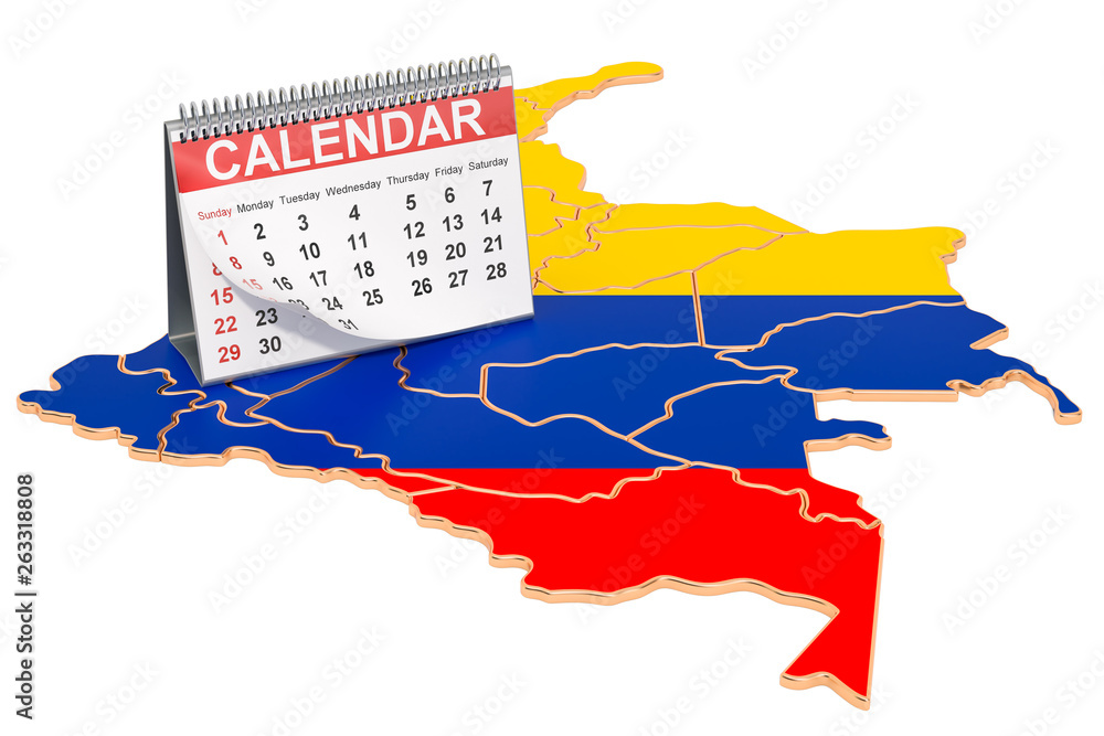 Poster Desk calendar on the map of Columbia. 3D rendering