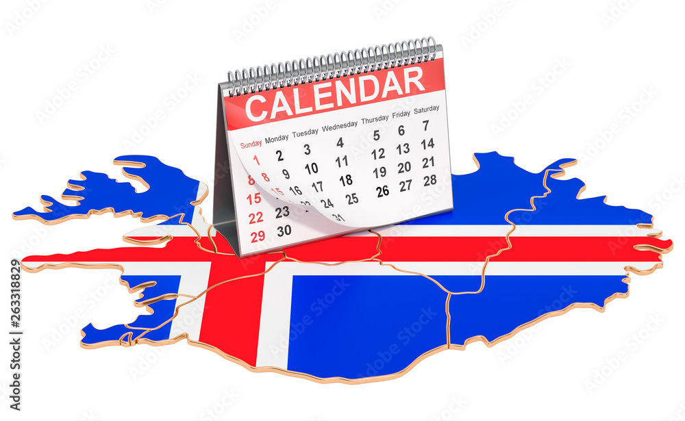 Poster desk calendar on the map of iceland. 3d rendering