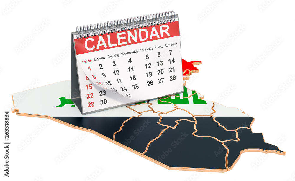 Poster desk calendar on the map of iraq. 3d rendering