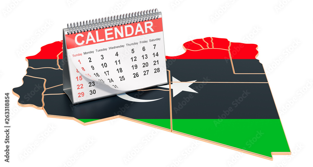 Poster desk calendar on the map of libya. 3d rendering