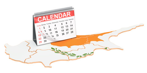 Desk calendar on the map of Cyprus. 3D rendering