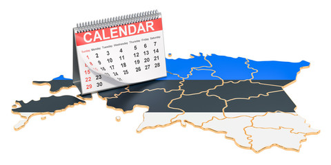 Desk calendar on the map of Estonia. 3D rendering