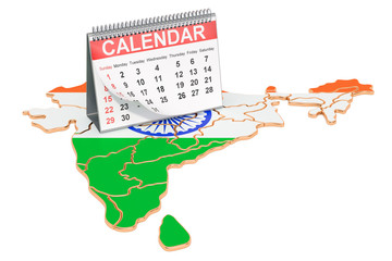 Desk calendar on the map of India. 3D rendering
