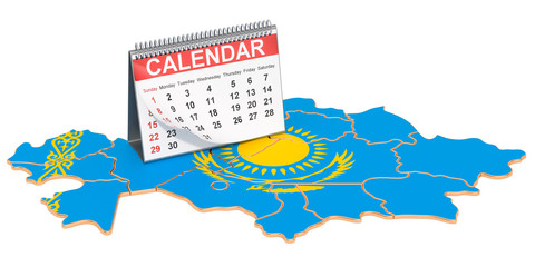 Desk calendar on the map of Kazakhstan. 3D rendering