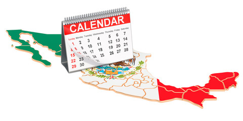 Desk calendar on the map of Mexico. 3D rendering
