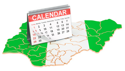 Desk calendar on the map of Nigeria. 3D rendering
