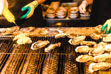 Grilled Oysters at Miyajima Island in Hiroshima, Japan
