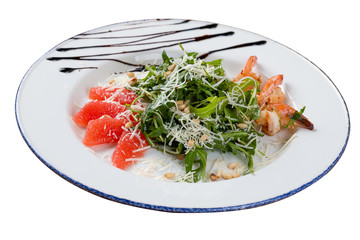 Salad with arugula and shrimp on white isolated background