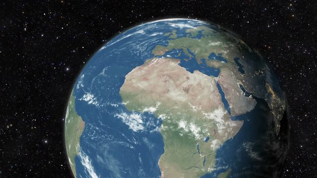Planet Earth from space. Realistic world globe spinning slowly animation. Camera over Indian Ocean, Africa, Central America.