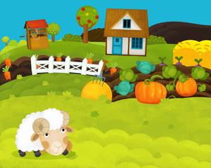 cartoon happy and funny farm scene with happy sheep - illustration for children