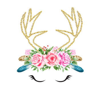 Watercolor floral boho antler gold