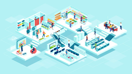 vector of people men and women shopping at the supermarket and buying products