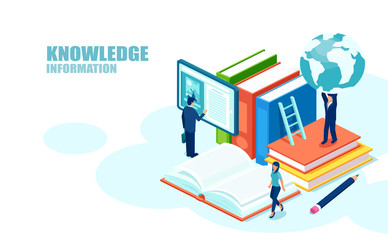 Isometric concept of online global education training courses, and digital library.