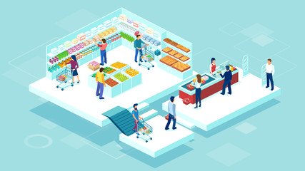 vector of people shopping together at the grocery supermarket and buying food products