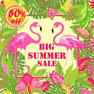 Offer colorful label for hot summer sale with tropical leaves, sun, exotic flowers and pink flamingos pair