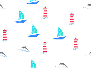 Marine, ship, summer seamless pattern. Yachts, sailboat, boats, dolphins, lighthouse cute doodle baby elements. Sea summer background. Childish background for fabric, baby clothes, Hand drown elements