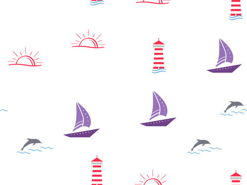 Marine, ship, sun, summer seamless pattern. Yachts, sailboat, boats, dolphins, cute doodle baby elements. Sea summer background. Childish background for fabric, baby clothes, Hand drown elements