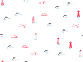 Marine, lighthouse summer seamless pattern. Sun, dolphins, lighthouse cute doodle baby elements. Sea summer background. Childish background for fabric, baby clothes, Hand drown elements