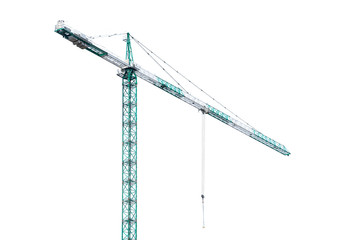 High-rise building crane with a long arrow of yellow color on a white background above a concrete building under construction with brick walls