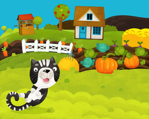 cartoon happy and funny farm scene with happy cat - illustration for children