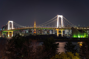 Rainbow Bridge with Tokyo Skyline in Background at Night