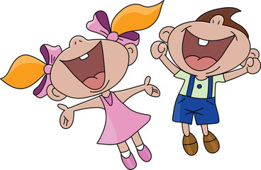 Happy cartoon boy and girl jumping in the air vector illustration
