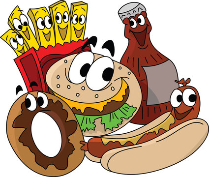 recommend clip art: Cartoon fast food character designs, cheeseburger, french fries, donut and cola vector illustration